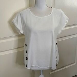 Branded white cotton blouse with button detail, short sleeve, size medium